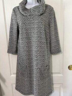 Shift Dress Draped Neck 3/4 Sleeve Herringbone Tweed Cozycore Quiet Luxury